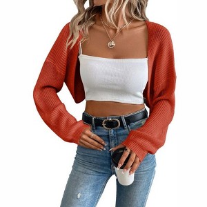 Coolmee Women's Cropped Cardigan Sweaters Long Sleeve Bolero Shrug Open Front Cardigans Rust Red S - 1 of 4