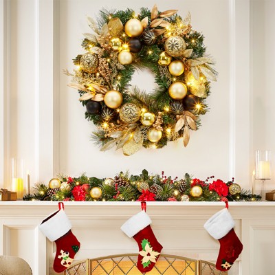 22 inch Prelit Christmas Wreath with Black Gold Ball Ornaments for Front Door Holiday Accent Decoration