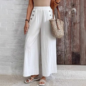 Women's High Waist Wide Leg Pants Elastic Waist Casual Loose Fit Solid Color Trousers - 1 of 3