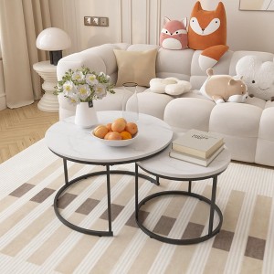 MYINDA 27.6-inch Round End Table, Wooden Marble Patterned Table Top, Sturdy Metal Frame,for Living Room - 1 of 4