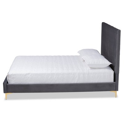 Serrano Blue Velvet Upholstered Queen Platform Bed with Gold Legs