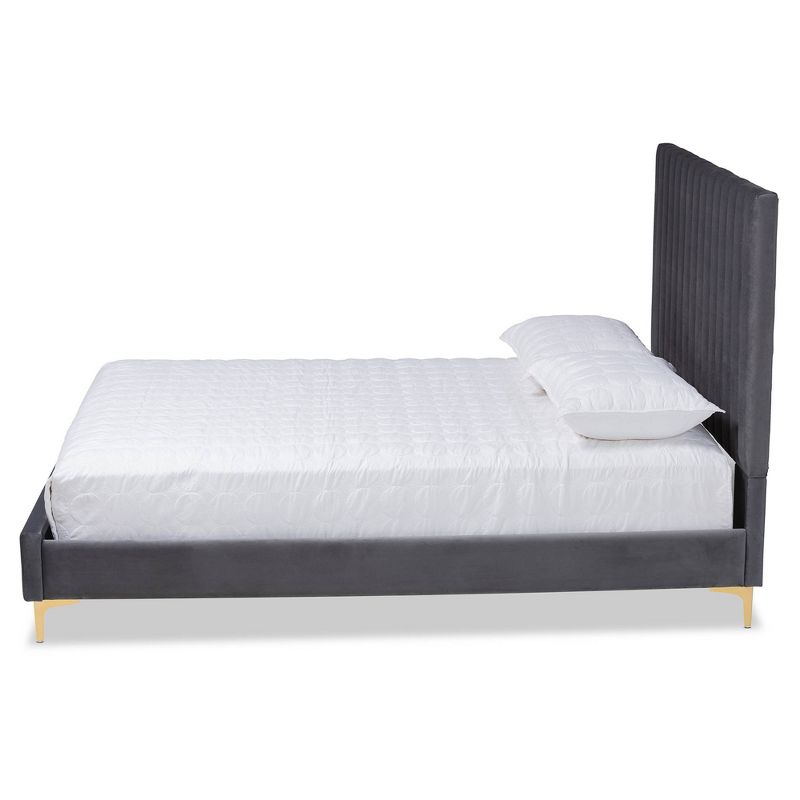Queen Serrano Velvet Fabric Upholstered and Metal Platform Bed Gray/Gold - Baxton Studio, 4 of 11