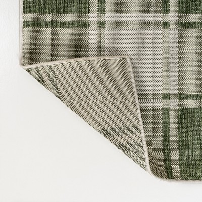 Sabine Green and Cream Synthetic Checkerboard Runner Rug, 2 x 8 ft