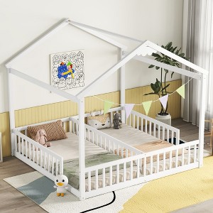 PAGED Full Size Floor Bed House Shaped Modern Pine Bed Frame with Guardrail for Bedroom - 1 of 4