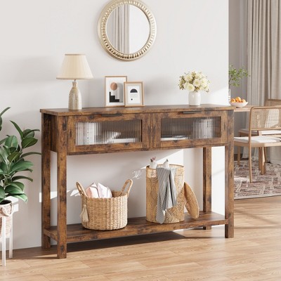 Nasitip 43''Entryway Table, Wood Console Table with 2 Glass Drawers, 2 Tier Sofa Table with Storage for Living Room,Entryway