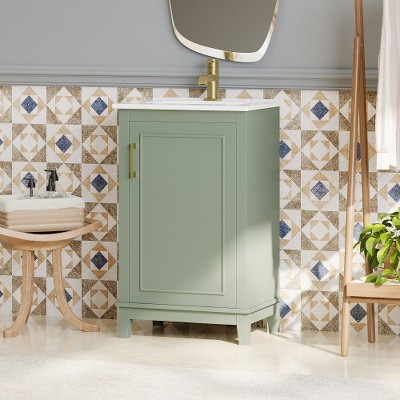 Akoasm 20 in. W Modern Compact Bathroom Vanity with Ceramic Basin, Storage Space & 1 Soft-Close Door-Green