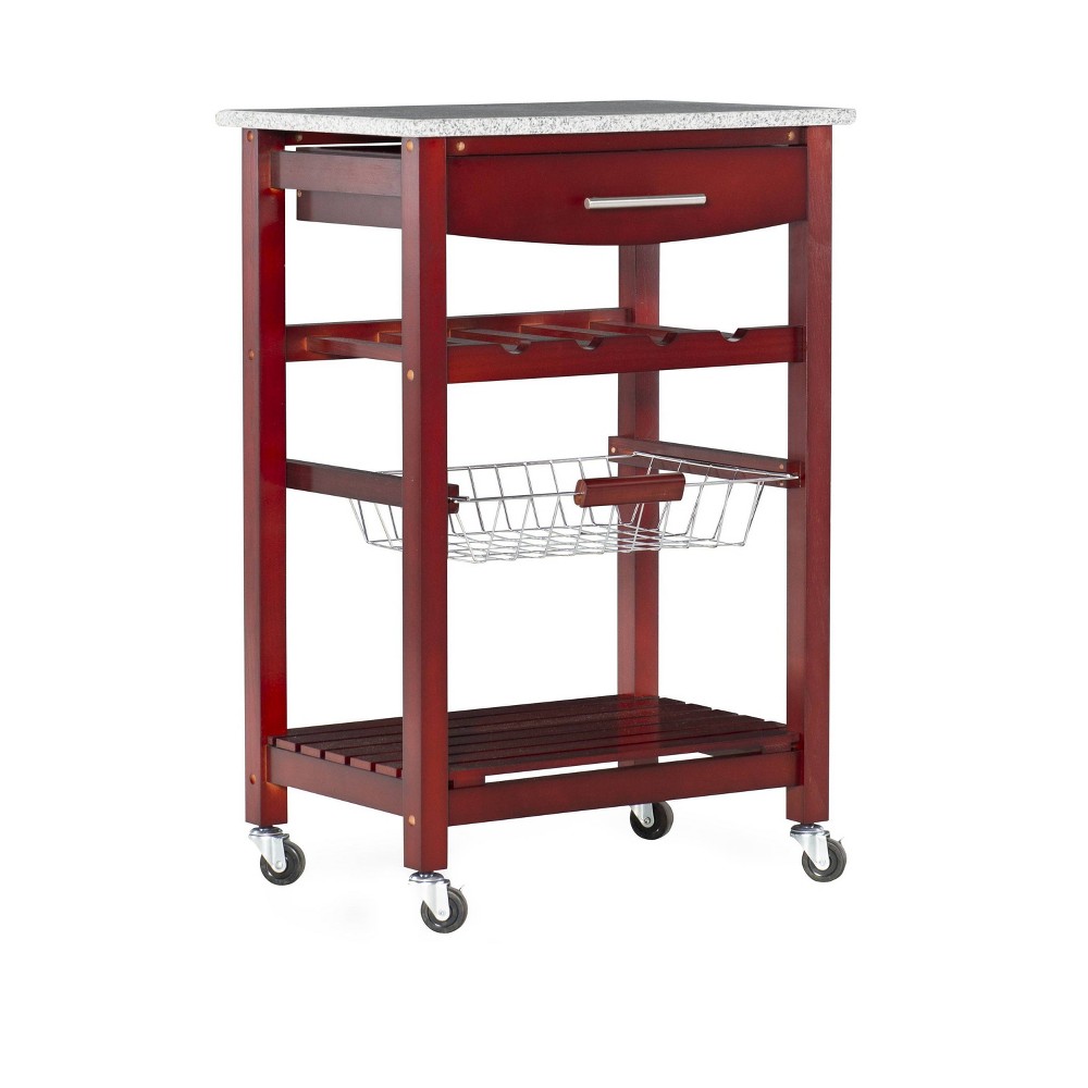 Roger Brown Wood Movable Kitchen Cart Granite Top Drawer Basket Wine Bottle Rack - Linon: Modern Style, Locking Wheels, Storage Shelves