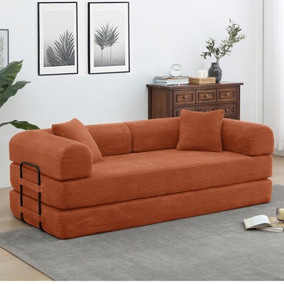 Dolonm Foldable Convertible Sofa Bed, Boneless Compression Mattress, Corduroy Sofa with Fixed Frame, Used for Living Room, Bedroom, and Office,Orange