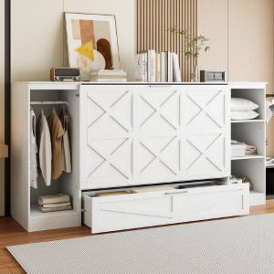 Angel Sar Farmhouse Twin Size Murphy Bed With Bedside Shelves And Wardrobe, Solid Wood Frame, White - 1 of 4