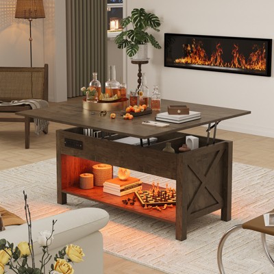 Buenhomino Lift Top Coffee Table, 4in1 Convertible Coffee Tables with LED Light and Charging Station, Farmhouse Coffee Table Converts to Dining Table