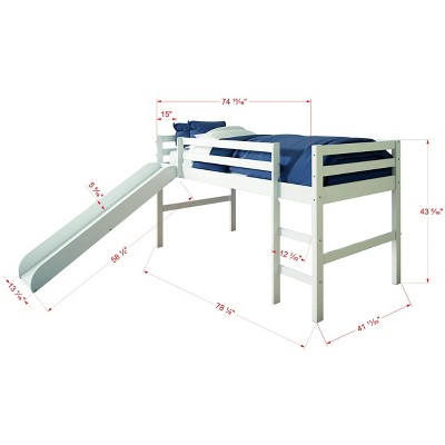 White Twin Pine Wood Loft Bed with Slide and Headboard