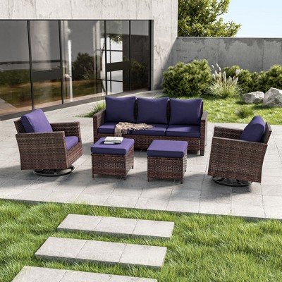 Sonkuki 5-Piece Patio Conversation Set with Swivel Rocking Chair, Navy Blue Cushion