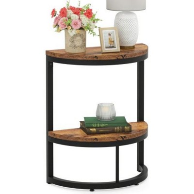 Syemin End Tables Slim Half Moon 2-Tier Semi-Circle End Table, Rustic Side Table with Storage Shelf for Small Spaces, Brown, 19.69"*9.84"*23.62"