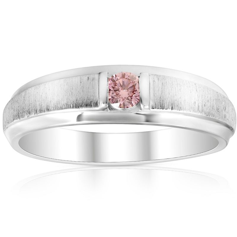 Pompeii3 Mens Brushed Pink Diamond Lab Created Wedding Brushed Anniversary Ring White Gold, 1 of 5