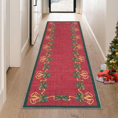Christmas Area Rug, Holiday Carpet with Bells, Holly Berry & Ribbon Garland Design, Festive Throw Rug for Living Room, Bedroom