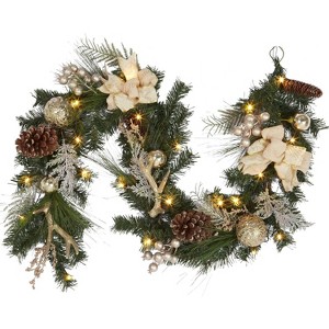 Prelit Christmas Garland for Mantle,6 ft Battery Operated Xmas Garland with 20 LED Lights Red Gold Balls - 1 of 4