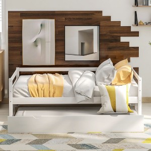PAGED Twin Size Daybed Modern Simple Wooden Bed Frame with Trundle for Bedroom and Living Room, White - 1 of 4
