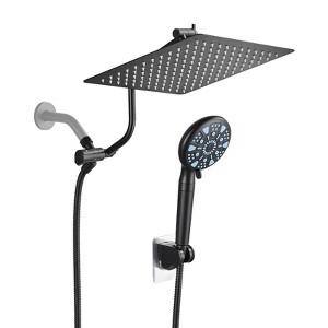 Cobbe 12 Inch All Metal 3-Way Rain Shower Head, High Pressure Dual Shower Heads with Handheld Spray Combo, 9 Spray Filtered Shower Head, Black - 1 of 4
