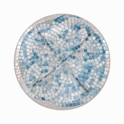 Blue Mosaic Glass Birdbath with Metal Stand, 24" Tall