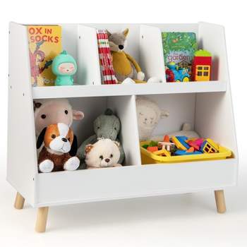Costway 5-Cube Kids Bookshelf and Toy Organizer Wooden Storage Bookcase with Wood Legs Natural/White