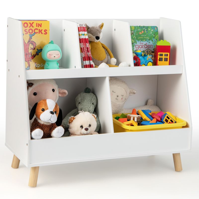 Costway 5-Cube Kids Bookshelf and Toy Organizer Wooden Storage Bookcase with Wood Legs Natural/White, 1 of 11