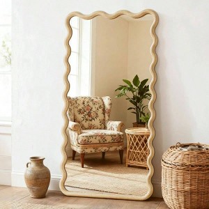 Full Length Mirror 55 inchx28 inch Boho Wavy Wood Floor Mirror Bathroom Bedroom Living Room Cloakroom Entryway - 1 of 4