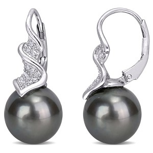 EVERLY JEWELRY | Sterling Silver 9 - 9.5 MM Black Tahitian Cultured Pearl and 1/6 CT TW Diamond Leverback Drop Earrings - 1 of 4
