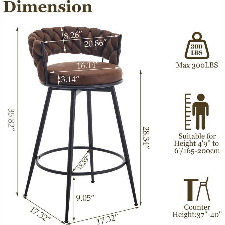 DYHOME 28 inch Bar Stools Set of 3, Modern Counter Height Bar Stools, 360° Swivel Suede Fabric Stool Chairs with Woven Back and Footrest, 2 of 8