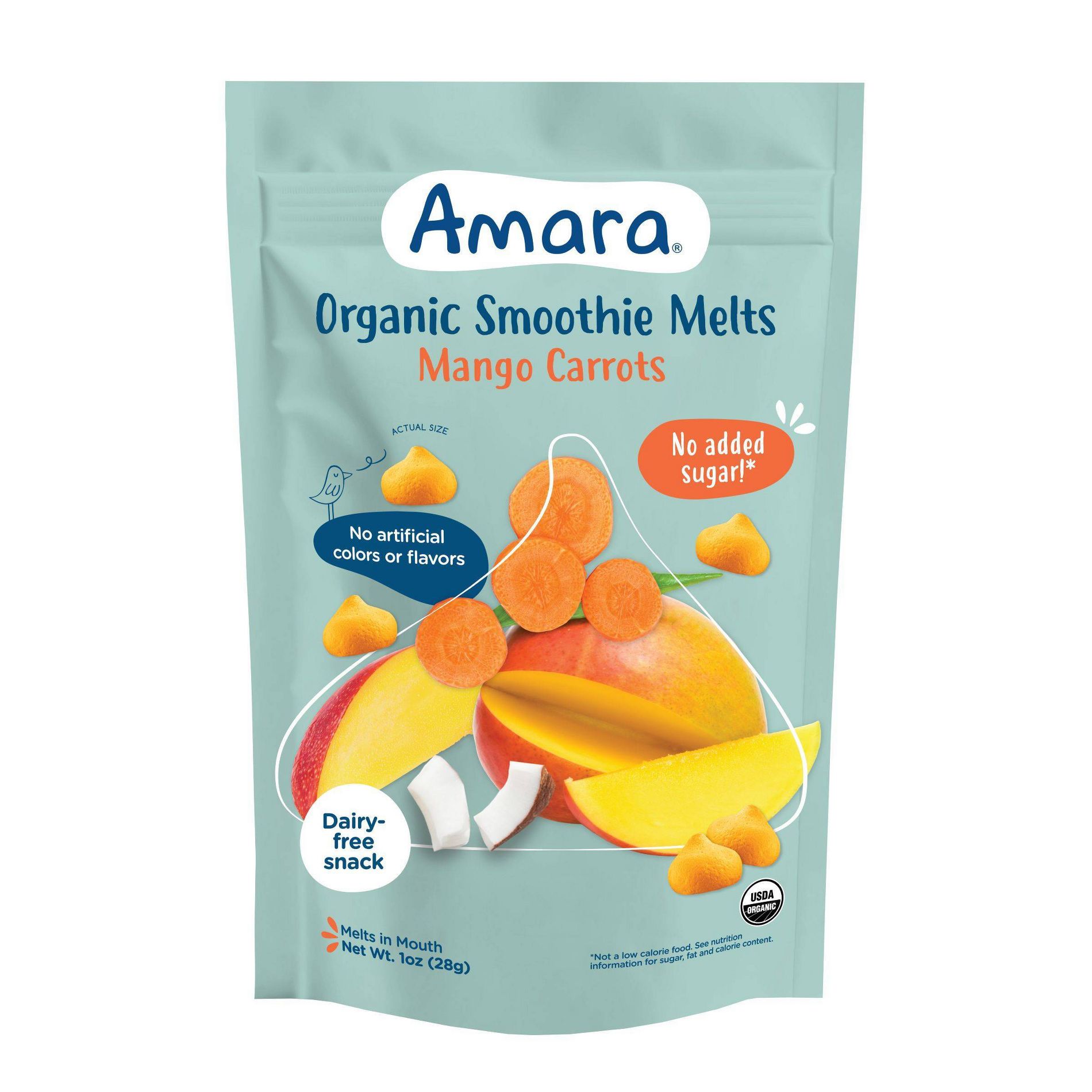 Amara Organic Smoothie Melts Mango Carrot Plant Based Yogurt Baby Snack - 1oz: Age 8 Months+, Ready to Eat