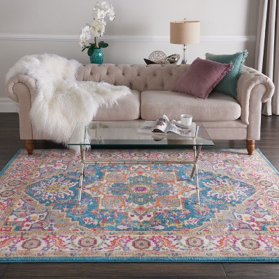 Teal Multicolor Floral Synthetic 5' x 7' Reversible Rug