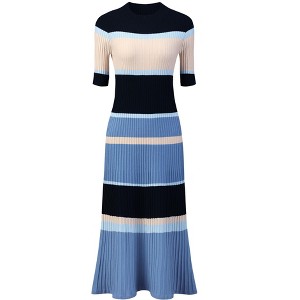 INSPIRE CHIC Women's Striped Ribbed Short Sleeve Midi Basic Knitted Dresses - 1 of 4