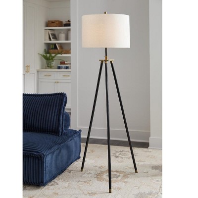 Adjustable Black and Gold Tripod Floor Lamp with Fabric Shade