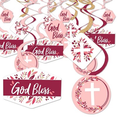 Big Dot of Happiness Pink Elegant Cross - Girl Religious Party Hanging Decor - Party Decoration Swirls - Set of 40