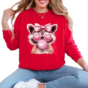 Valentine Raccoon With Bubblegum - Women's Garment Dyed Long Sleeve Graphic T-Shirt - 1 of 4
