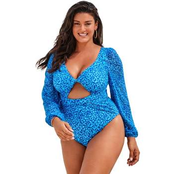 Swimsuits For All Women's Plus Size Cup Sized Chiffon Sleeve One