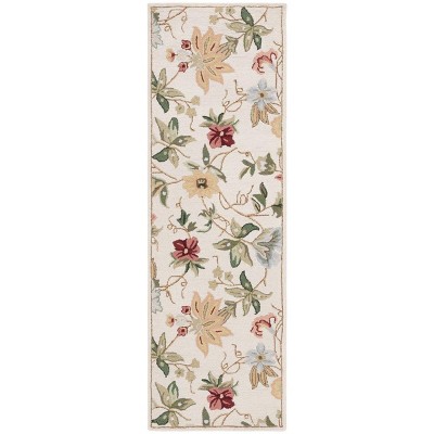 Ivory Floral Hand-Hooked Wool Runner Rug, 2'6" x 10'
