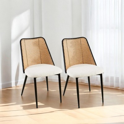 Rattan Dining Chairs Set of 2,Boucle Upholstered Chairs with Cane Back and Metal Legs for Kitchen or Dining Room-Baofuwish