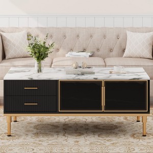 Black Minimalist Coffee Table with Faux Marble Surface, Glass Storage Doors, Metal Frame - 1 of 4