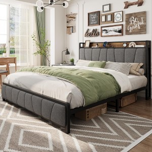 homfan Bed Frame with 2 Storage Drawers and Charging Station, Rustic Linen Upholstered Platform Bed Frame with Storage Headboard, Gray - 1 of 4