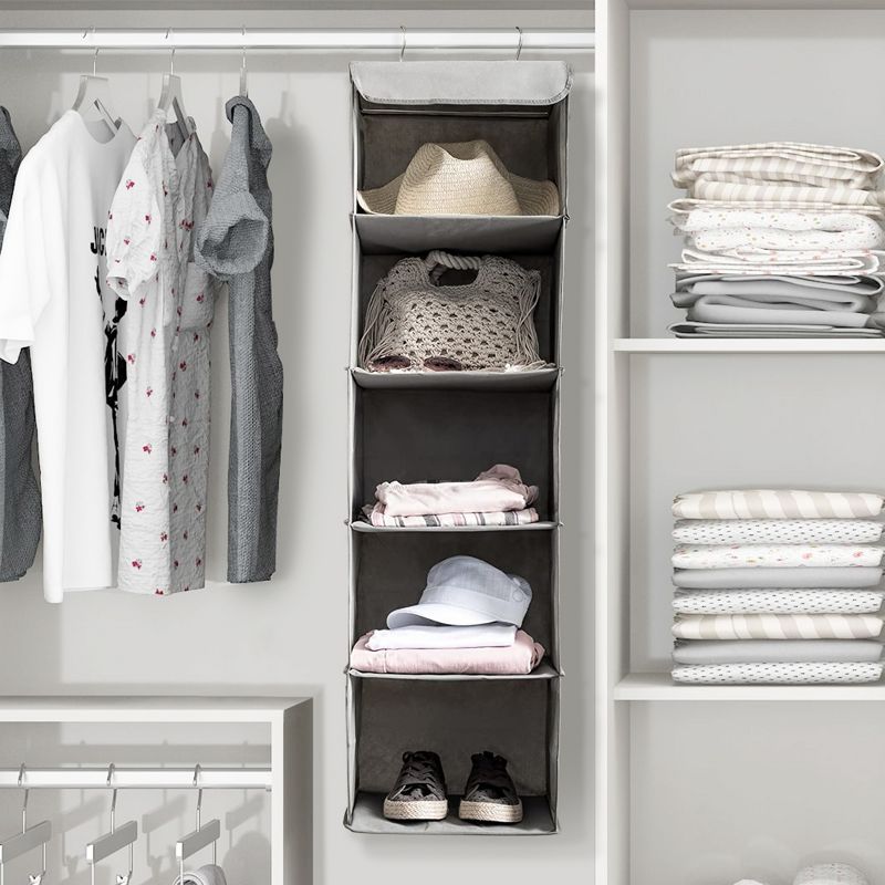OSTO 5-Shelf Hanging Closet Organizer Closet Shelves with Mesh Pockets; Hanging Shelf for Clothes, Bags, Hats, and More, 2 of 5