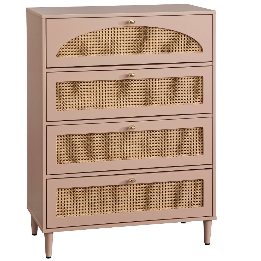 Lifestorey Taylor Mid Century Modern 4 Drawer Chest Dresser with Natural Cane Elegant Pink