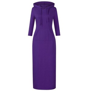 Coolmee Women Hoodies Maxi Dress Casual 3/4 Sleeve Tunic Dress Slim Hooded Sweatshirts Dress with Pocket - 1 of 4