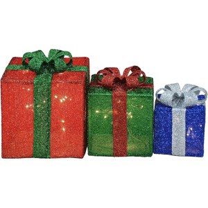 Candy Cane Lane 8/10/12 Inch Set Of Three Red, Green, Blue With Green, Red And Silver Bow Presents Outdoor Led Décor, Nested - 1 of 2