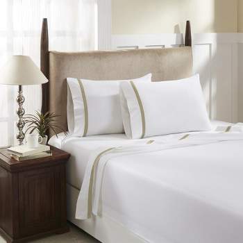 Hotel Concepts 500 Thread Count Deep Pocket Tonal Cotton Sateen Sheet - 4 Piece Set - White/Tan