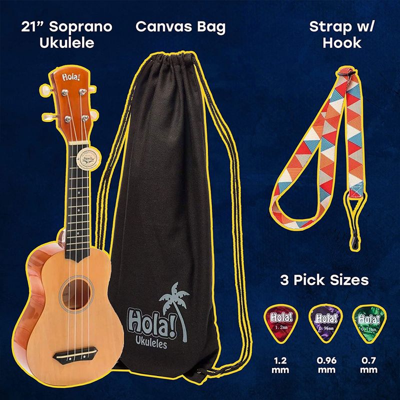 Hola! Music Color Series Soprano Ukelele Set for Beginners with Canvas Tote Bag, Strap with Hook, & Various Size Picks, Blue, 2 of 7