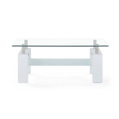 43" Coffee Table with Glass Top, 1 Shelf and Metal Accents with Center Bar for Living Room or Modern Interiors