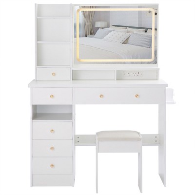 NicBex Vanity Desk with Mirror 41" Vanity with Sliding Mirror and Built-in Socket, Makeup Table Set with Cushioned Stool, Hair Dryer Stand