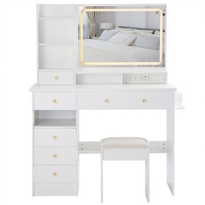NicBex Vanity Desk with Mirror 41" Vanity with Sliding Mirror and Built-in Socket, Makeup Table Set with Cushioned Stool, Hair Dryer Stand - 1 of 4