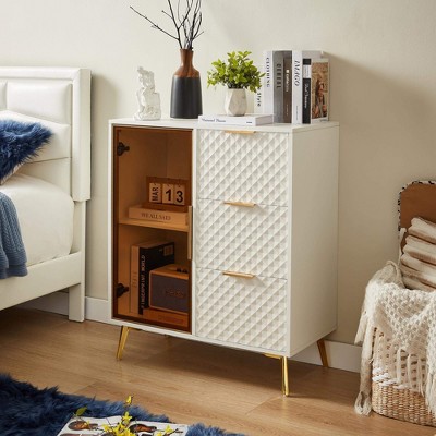 ORRD Modern Carved 3-Drawer Chest, Aluminum Frame, Glass Doors, Adjustable Feet, White