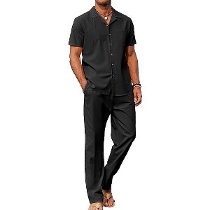 COOFANDY Men 2 Piece Linen Outfit Beach Button Down Shirt Casual Loose Pant Sets - 1 of 4